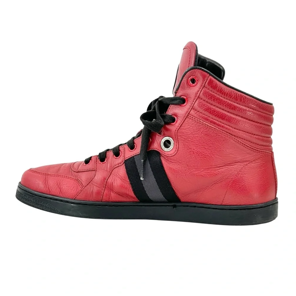 GUCCI Viaggio GG Red & Black Men's Leather High Top Lace Up Sneakers sz 8.5